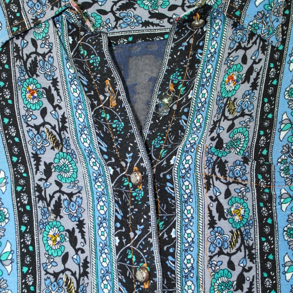 MUST OPEN TO SEE! Aratta Silent Journey Wm Sz S Blue Green Floral Striped Blouse - Picture 6 of 6